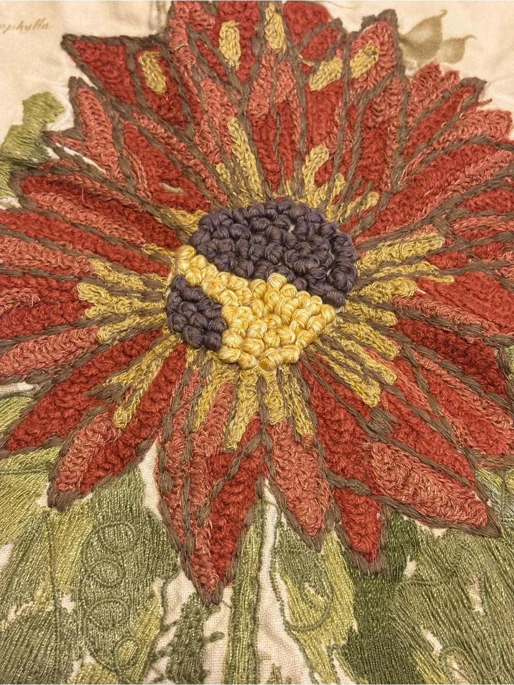 Pottery Barn Floral Crewel Embroidered Throw Pillow Sham Cover Botanical Buttons